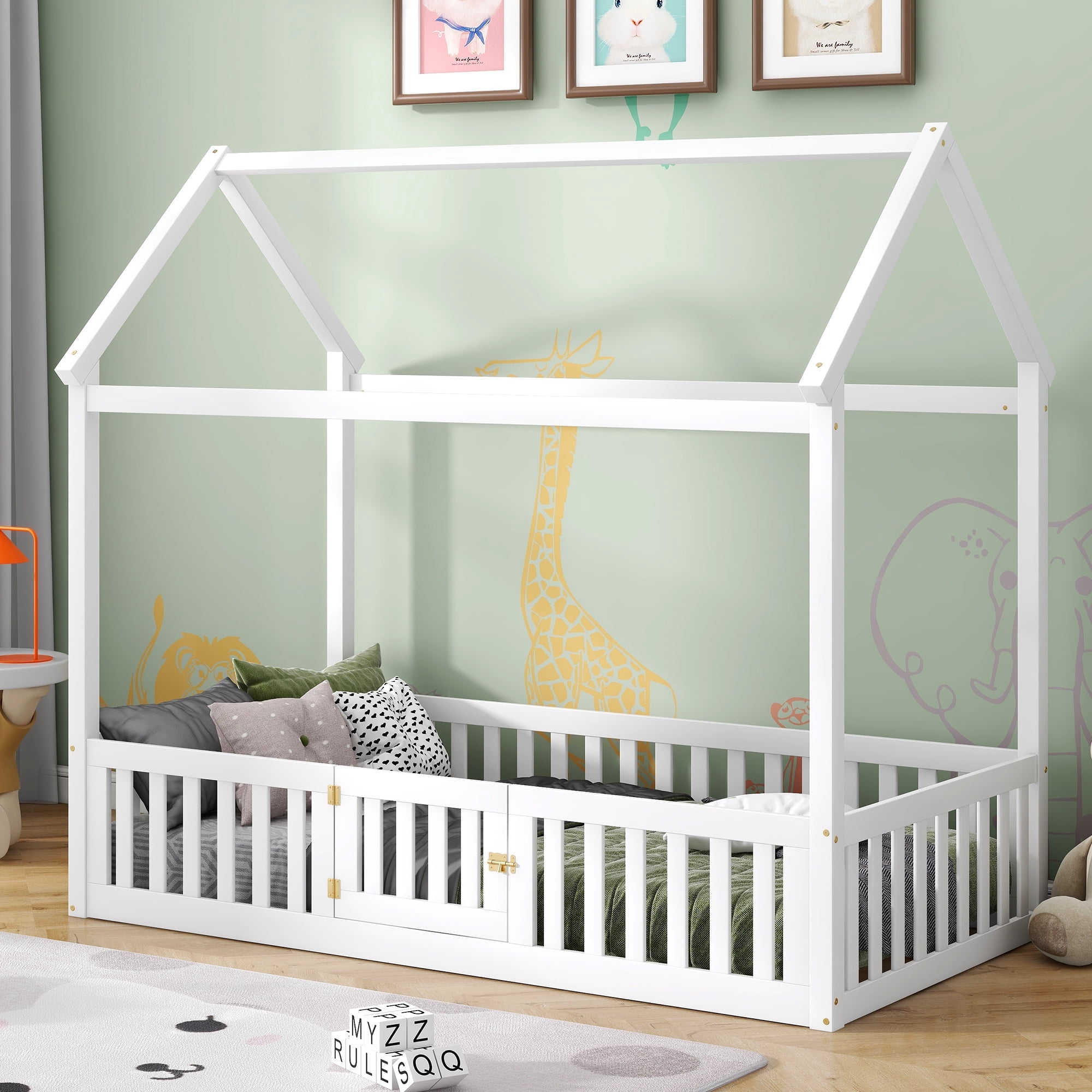 Euroco Twin Size Low House Bed with Fence and Door, White