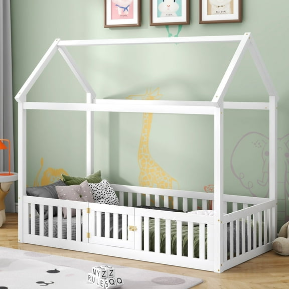 Euroco Twin Size Low House Bed with Fence and Door, White