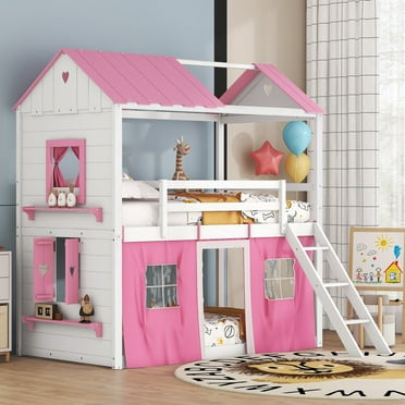Euroco Twin over Twin Size Bunk Bed, House Bed with Ladder and Tent for Kids, Pink