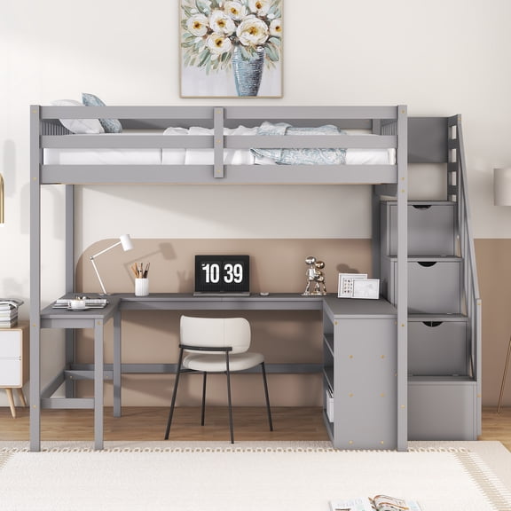 Euroco Full Size Loft Bed with Desk and Shelves, Storage Staircase and Cabinets, Gray
