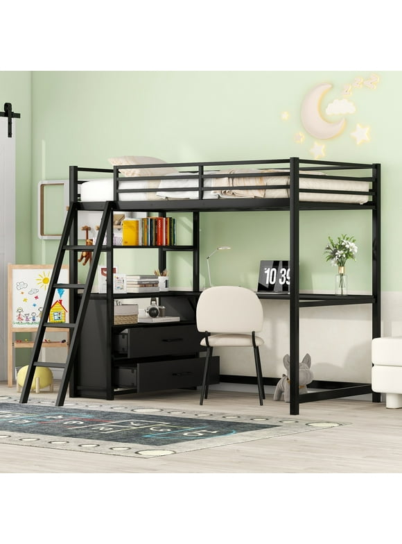 Euroco Twin Size Metal+Wood Loft Bed for Kids, Built-in Desk, Shelf and Drawers for Study and Storage, Space-Saving Metal Frame, Black