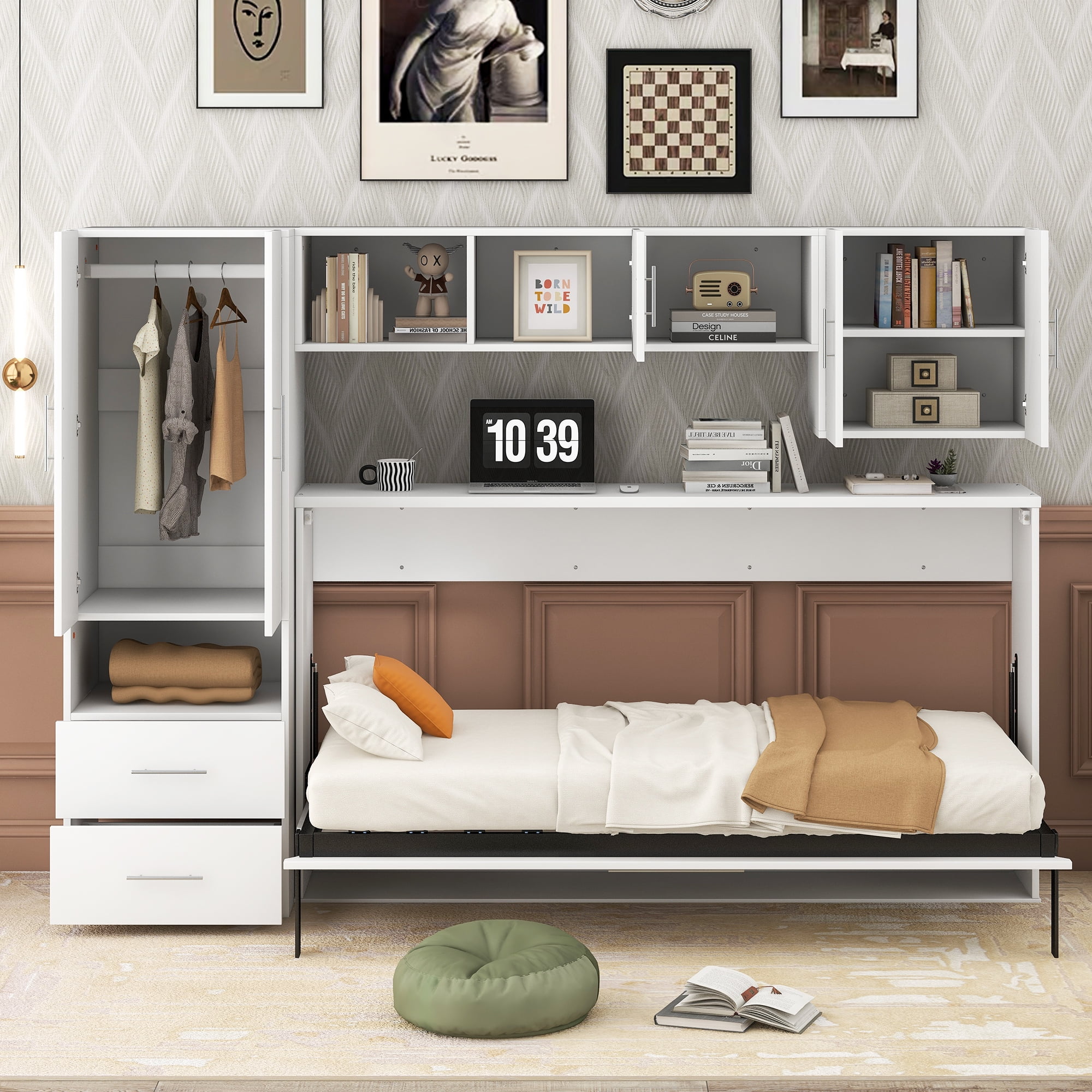 Euroco Twin Size Murphy Bed with Shelves and Cabinets, Built-in Desktop and Wardrobe, White