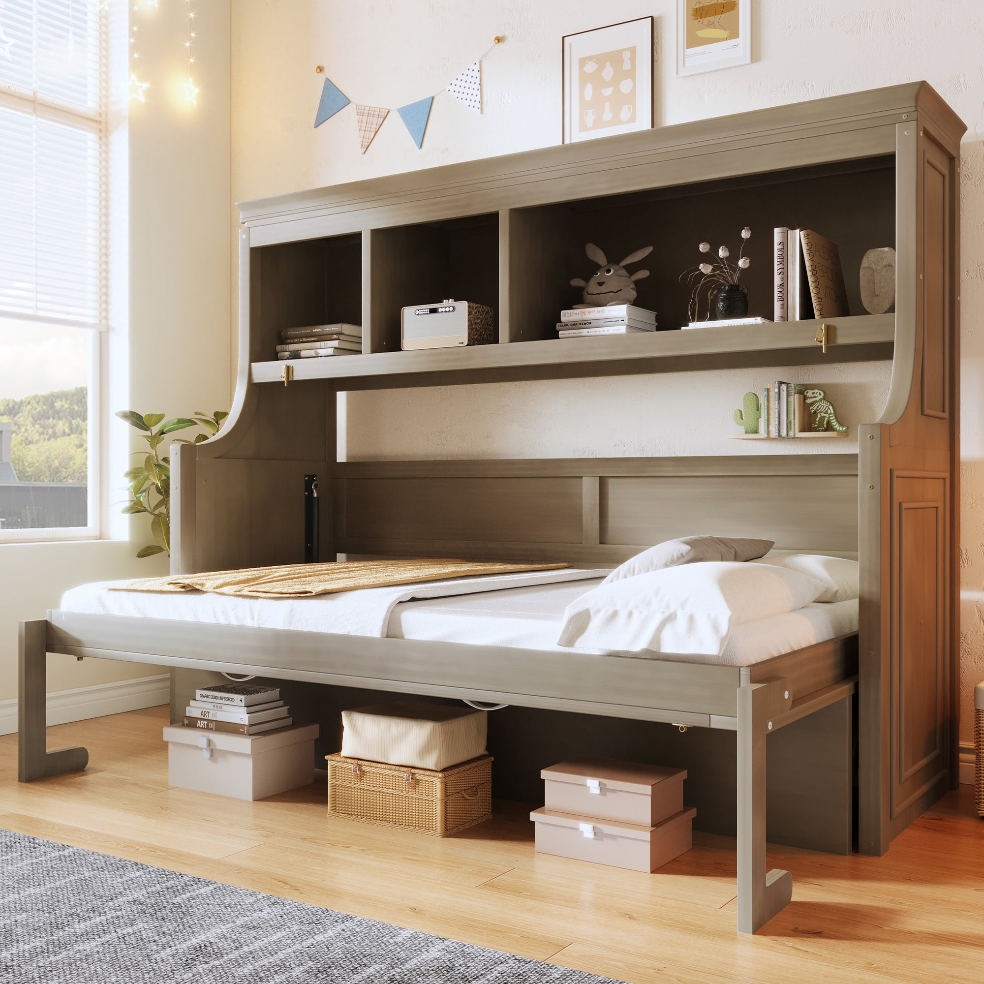 Euroco Twin Size Murphy Bed with Desk and Shelves, Convertible Wall Bed with Cabinets, Grey Wash