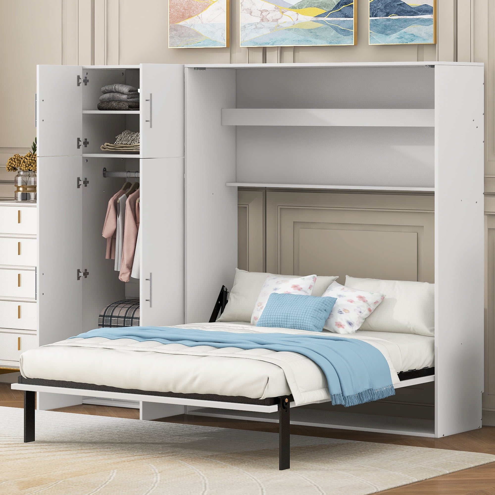 Euroco Twin Size Murphy Bed with Wardrobe and Shelves, Heavy Duty Wall Bed and Cabinet for Kids
