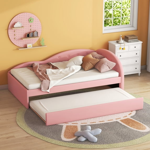Euroco Twin Size PU Upholstery Daybed, Tufted Sofa Bed with Trundle for Kids Teens Bedroom, Pink