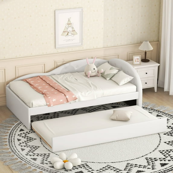 Euroco Twin Size PU Upholstery Daybed, Tufted Sofa Bed with Trundle for Kids Teens Room, White
