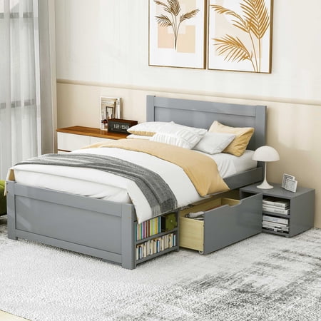 Euroco Twin Size Platform Bed Frame with Storage Shelves and Drawer for Kids Teens Room, Gray