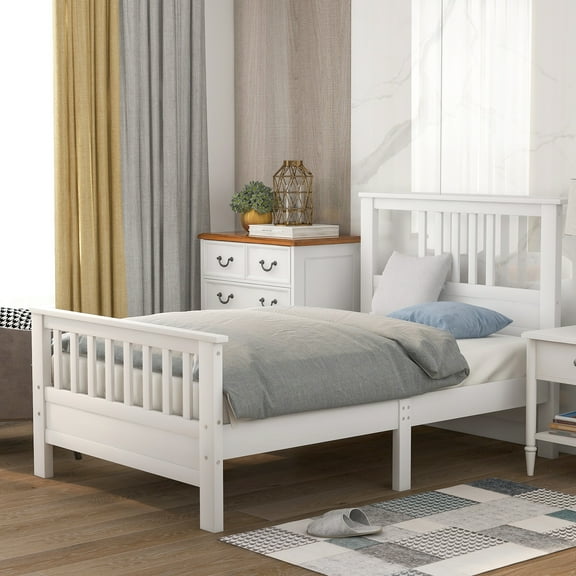 Euroco Twin Size Platform Bed with Headboard, Solid Wood Bed Frame with Wooden Slat Support, No Box Spring Needed, White