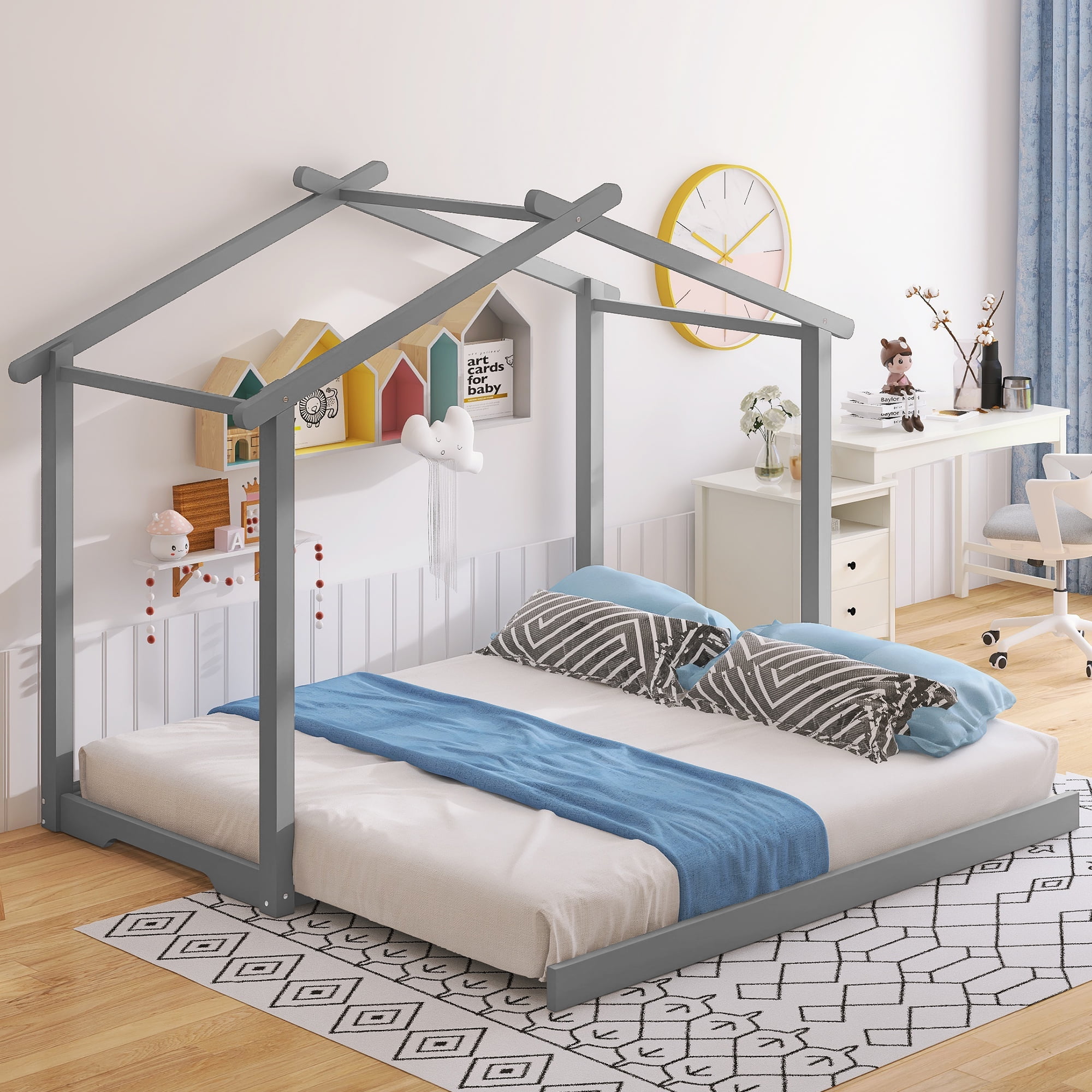 Euroco Twin Size Platform Bed with Trundle, House Roof Design for Kids