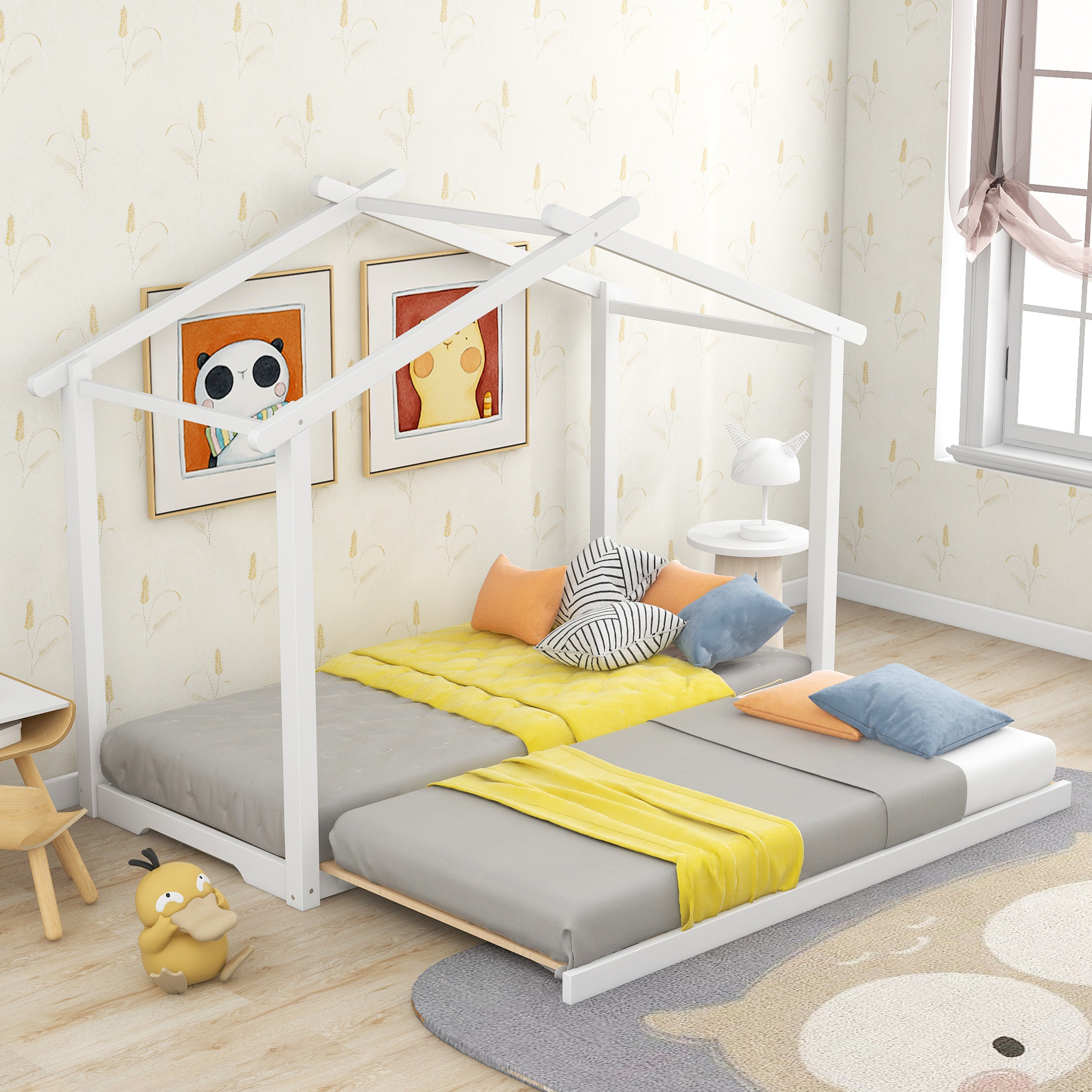Euroco Twin Size Platform Bed with Trundle, House Roof Design for Kids