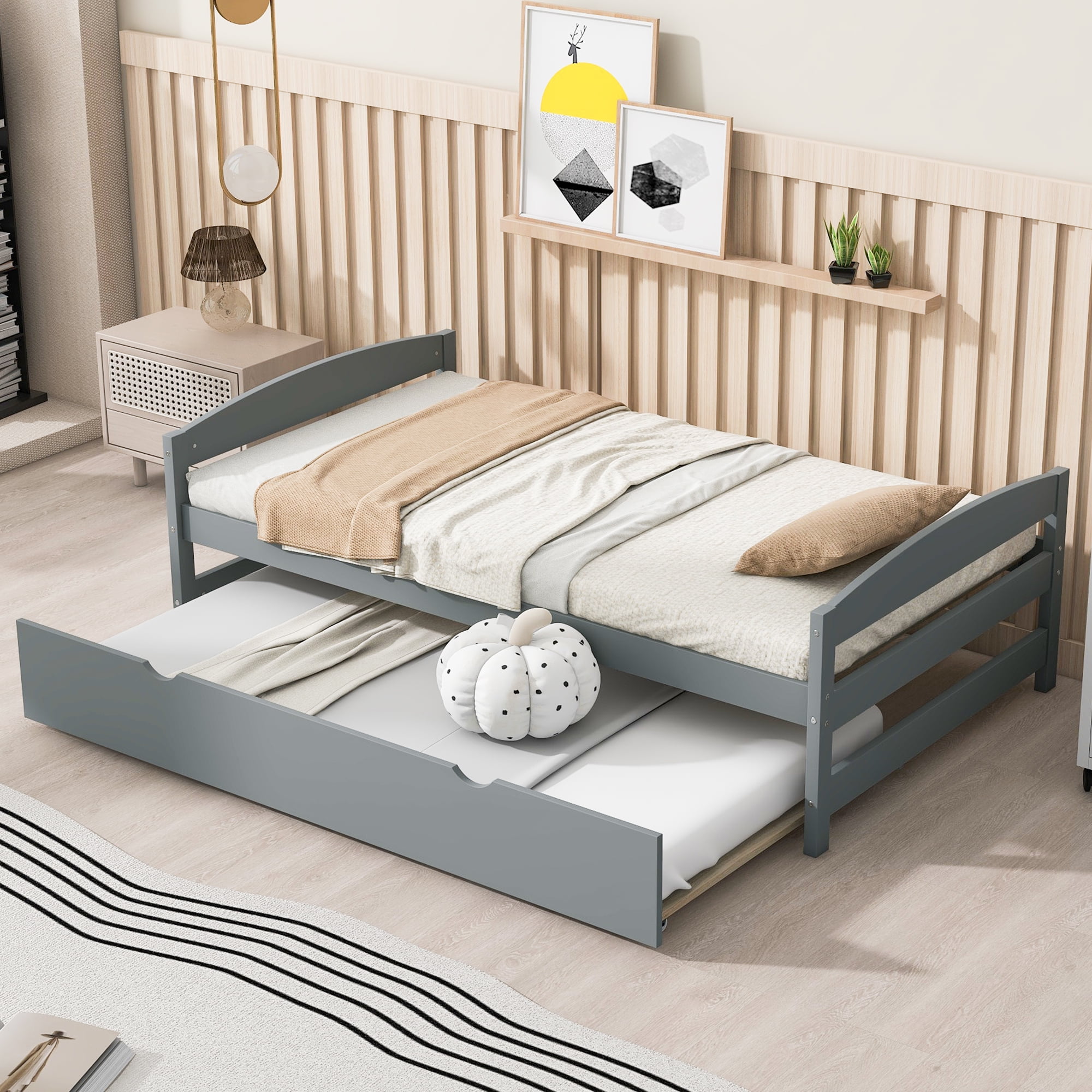 EUROCO Twin Size Platform Bed Frame with Trundle, Low Profile Easy