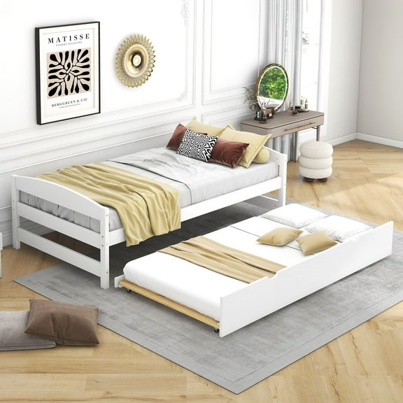 Euroco Twin Size Platform Bed with Trundle, Low Profile Easy Assembly Wood Daybed, White