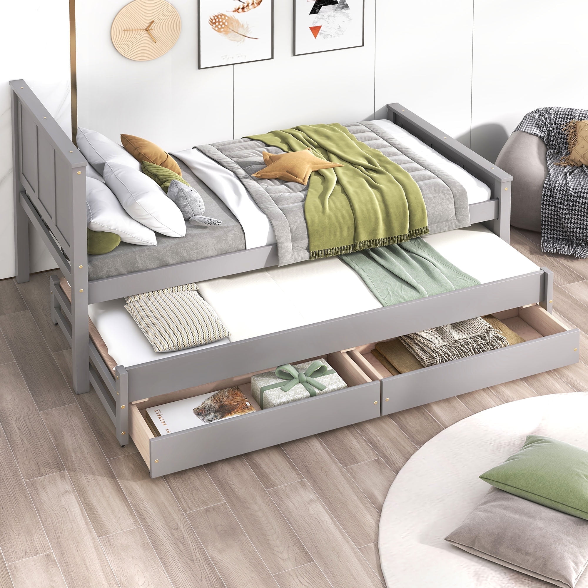 Euroco Twin Size Platform Bed with Trundle and Drawers, Gray