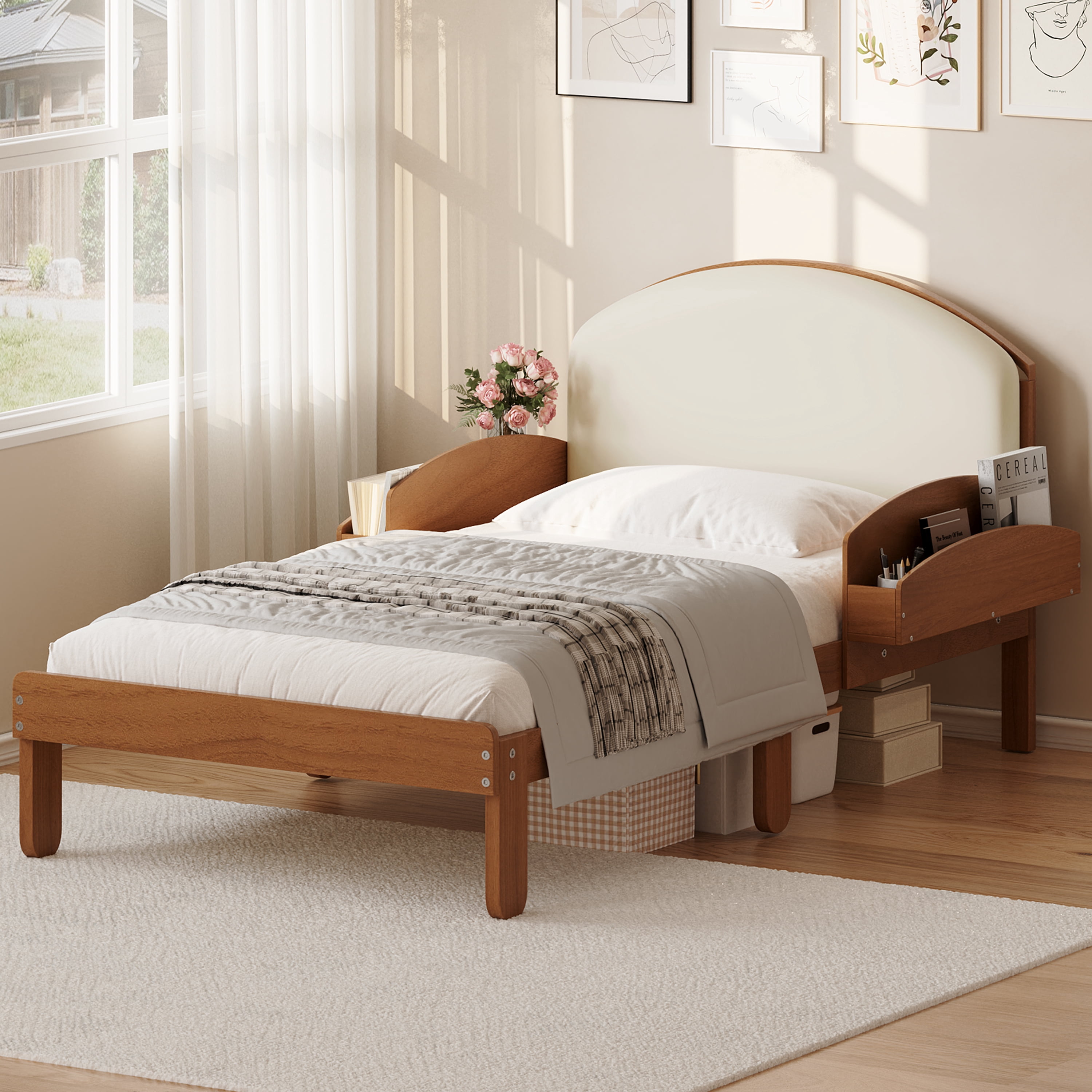 Euroco Twin Size Platform Bed with Upholstery Headboard, Wood Bed Frame with Storage Shelves, No Box Spring Needed, Light Walnut