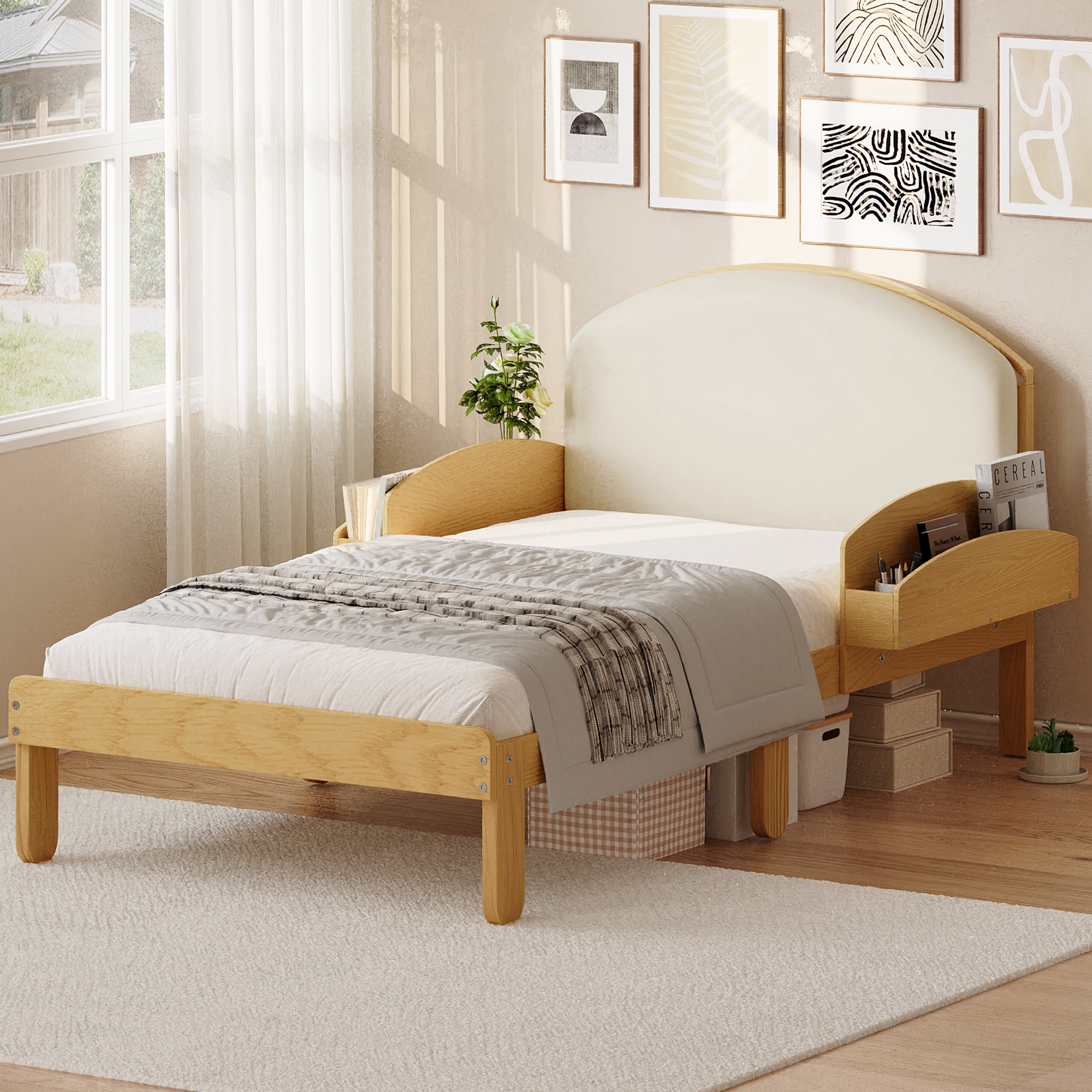 Euroco Twin Size Platform Bed with Upholstery Headboard, Wood Bed Frame with Storage Shelves, No Box Spring Needed, Natural