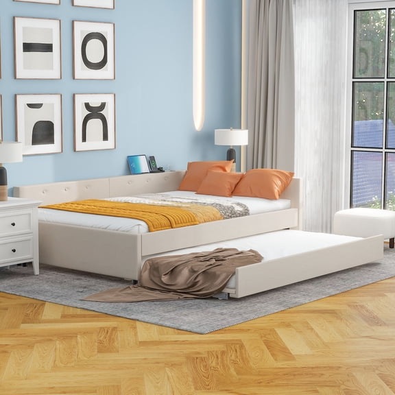 Euroco Full Size Upholstered Platform Bed with Trundle for Kids Teens, Beige