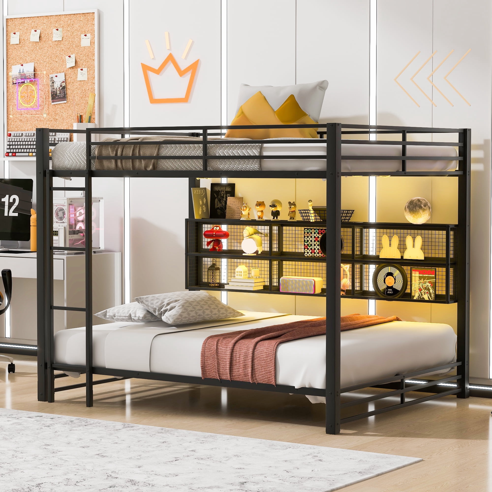Euroco Metal Queen over Queen Size Bunk Bed with Storage Cabinets & LED Light for Bedroom, Black