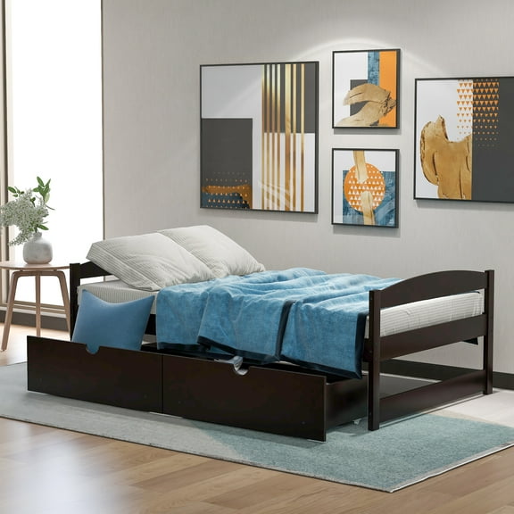 Euroco Twin Size Wood Daybed with 2 Storage Drawers, Platform Bed for Kids Bedroom, Espresso