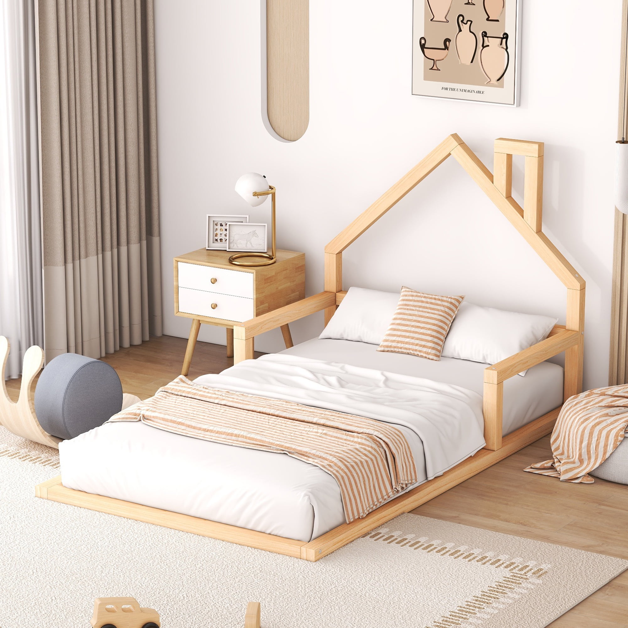 Euroco Twin Size Wood Floor Bed for Kids Room, Toddler House Bed