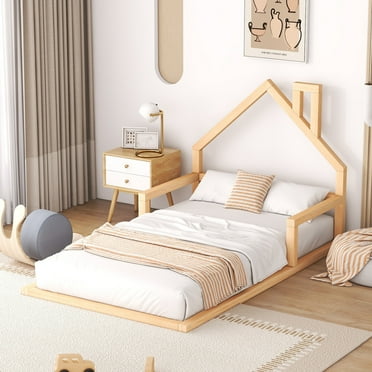 Euroco Twin Size Wood Floor Bed for Kids Room, Toddler House Bed, Natural