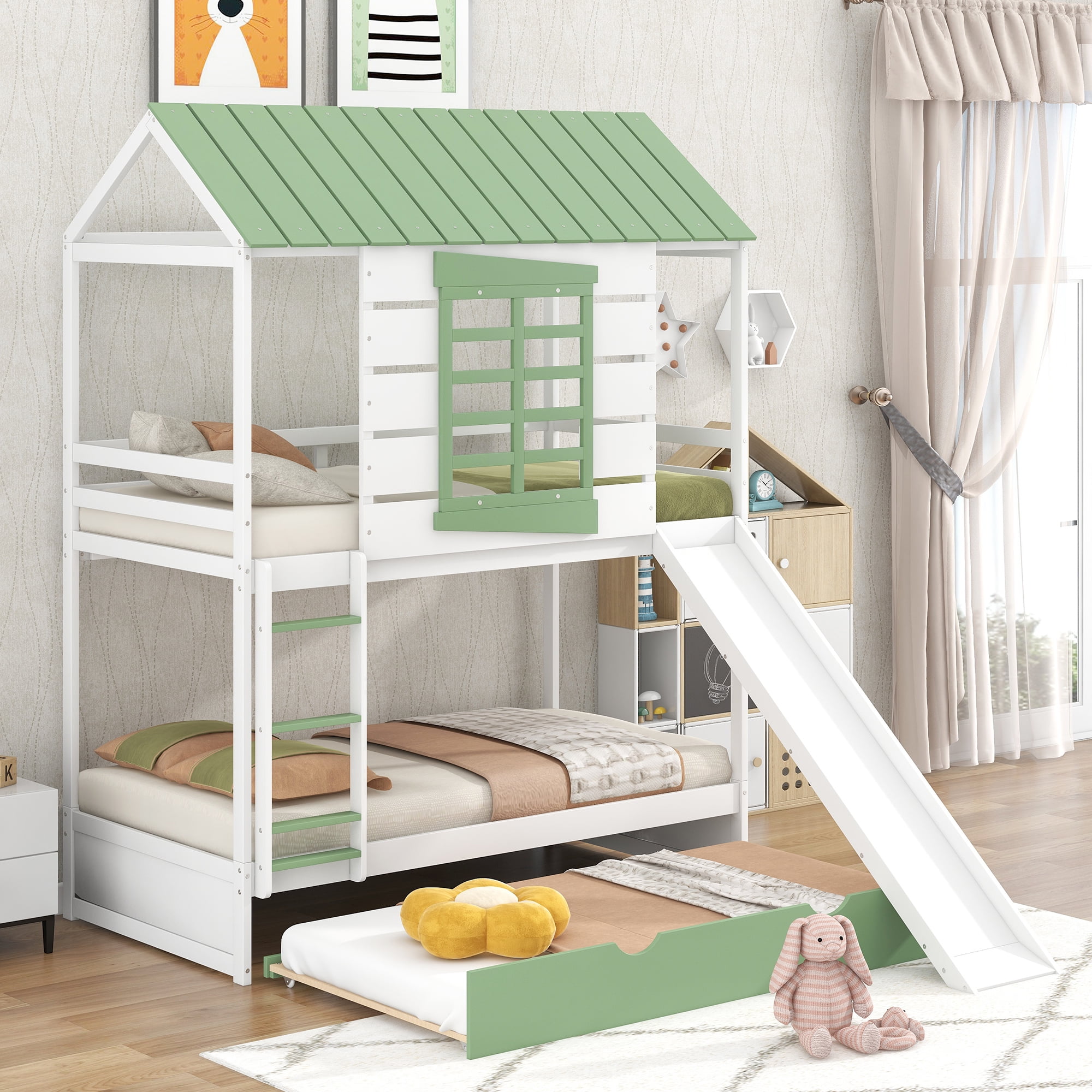 Euroco Twin Size Wood House Bunk Bed with Two Trundle for Kids, White & Green