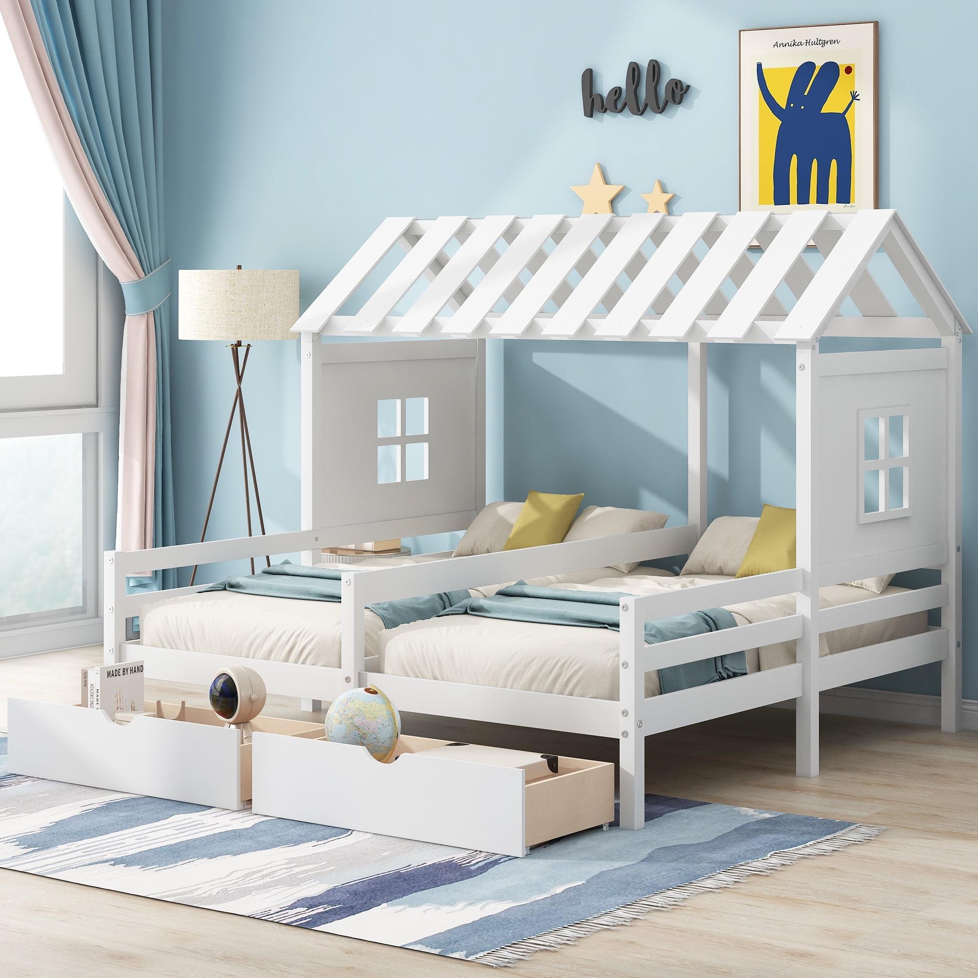 Euroco Twin Size Wood House Double Platform Beds, House Shaped Roof and Windows, 2 Drawers for Kids