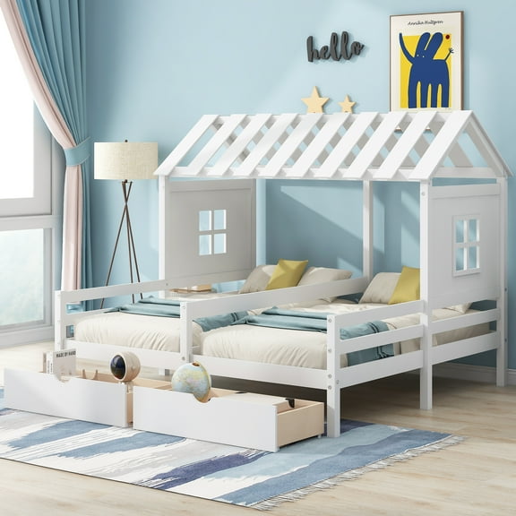 Euroco Twin Size Wood House Double Platform Beds, House Shaped Roof and Windows, 2 Drawers for Kids