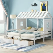 Euroco Twin Size Wood House Double Platform Beds, House Shaped Roof and Windows, 2 Drawers for Kids