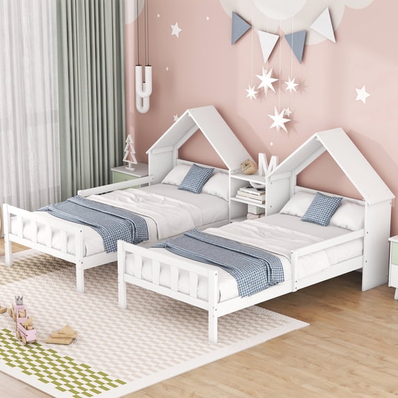 Euroco Twin Size Wood House Platform Bed, Two Beds in One with Desk and Shelf, 2 Platform Beds for More Kids, White