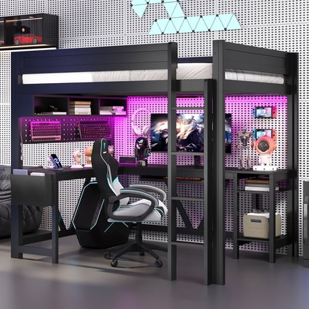 Euroco Full Size Wood Loft Bed with Desk and Shelves, Gaming Bed with LED Light and USB Charging Station, Black