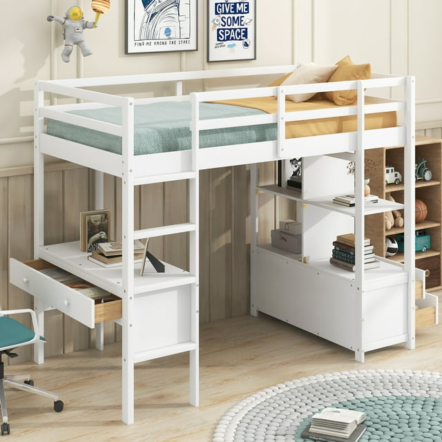Euroco Twin Size Wood Loft Bed with Desk, Drawers and Shelf for Kids