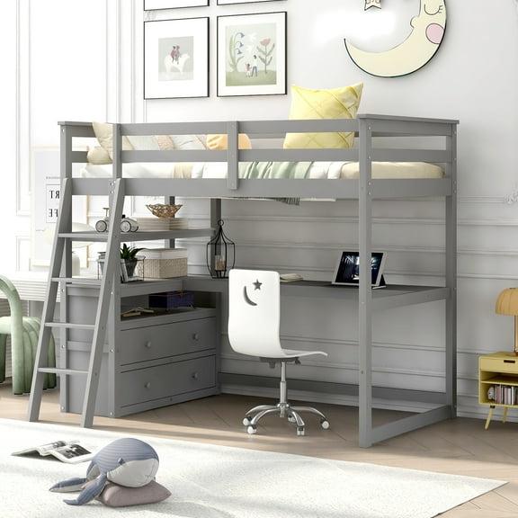 Euroco Twin Size Wood Loft Bed with Desk, Shelves and Cabinets for Kids Teens Room, Incline Ladder and 3 Drawers, Gray