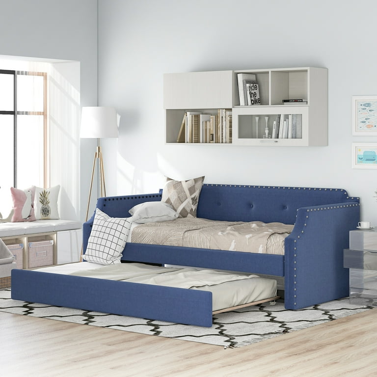 Free Shipping Euroco Twin Upholstered Daybed Linen Tufted Sofa Bed with Trundle Solid Wood Frame for Bedroom Blue Walmart