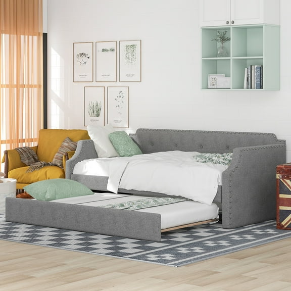Euroco Twin Upholstered Daybed with Trundle for Kids Teens Bedroom, Gray