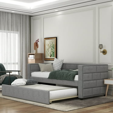 Euroco Twin Upholstered Daybed with Trundle for Kids Teens Bedroom, Gray