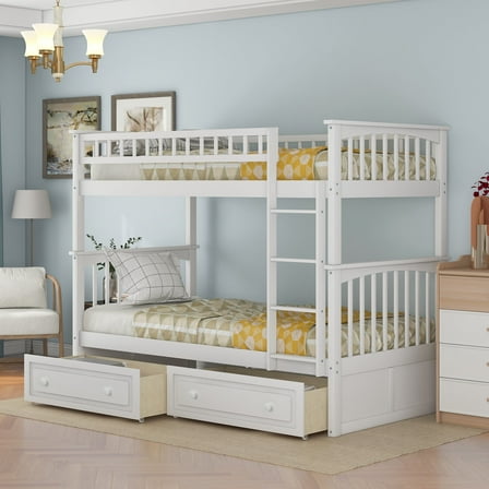 Euroco Twin Wood Bunk Bed with Drawers for Bedroom, White