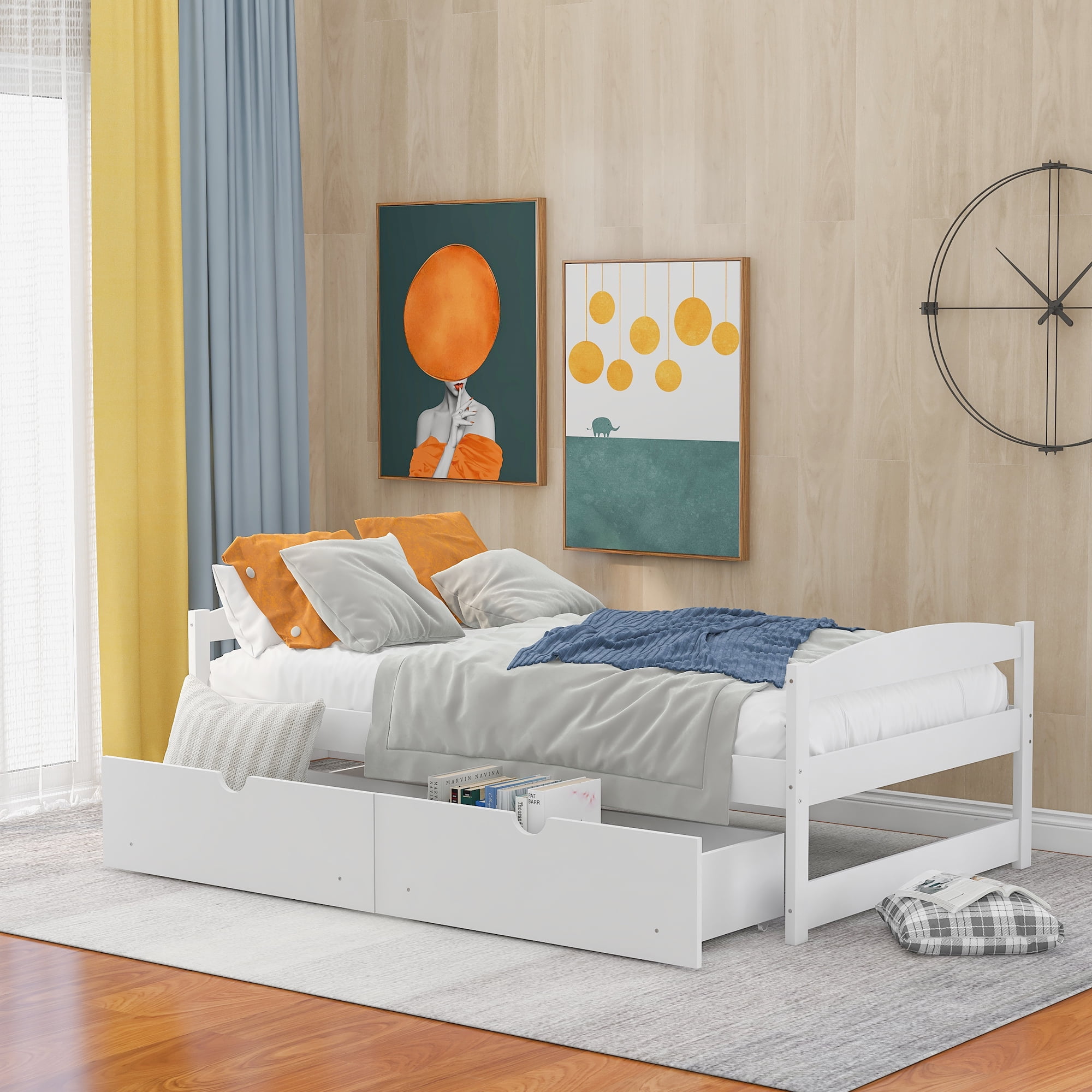 Euroco Twin Wood Daybed with 2 Storage Drawers for Kids Teens, Twin Platform Bed, White