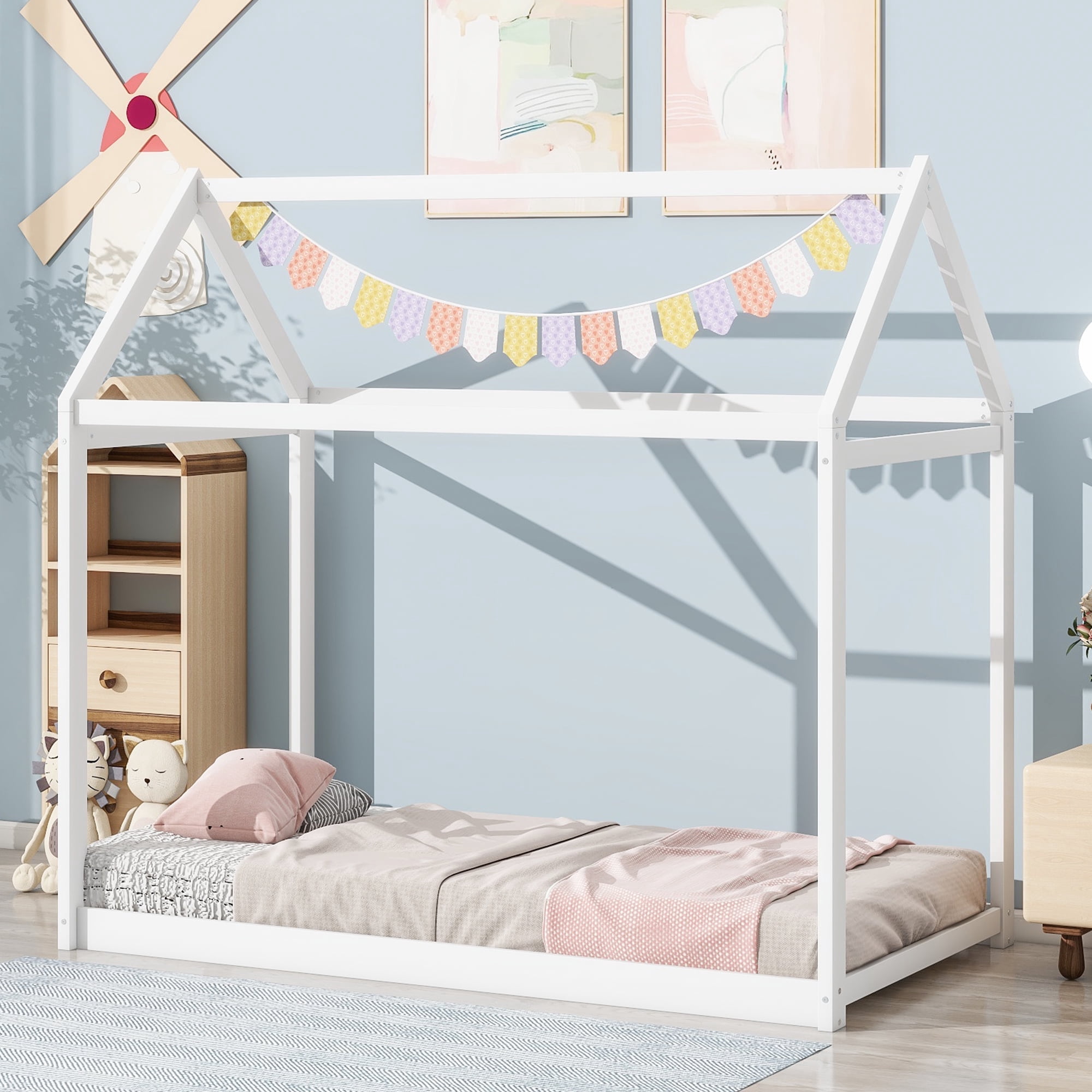 Euroco Twin Wood House Bed Frame with Roof, White