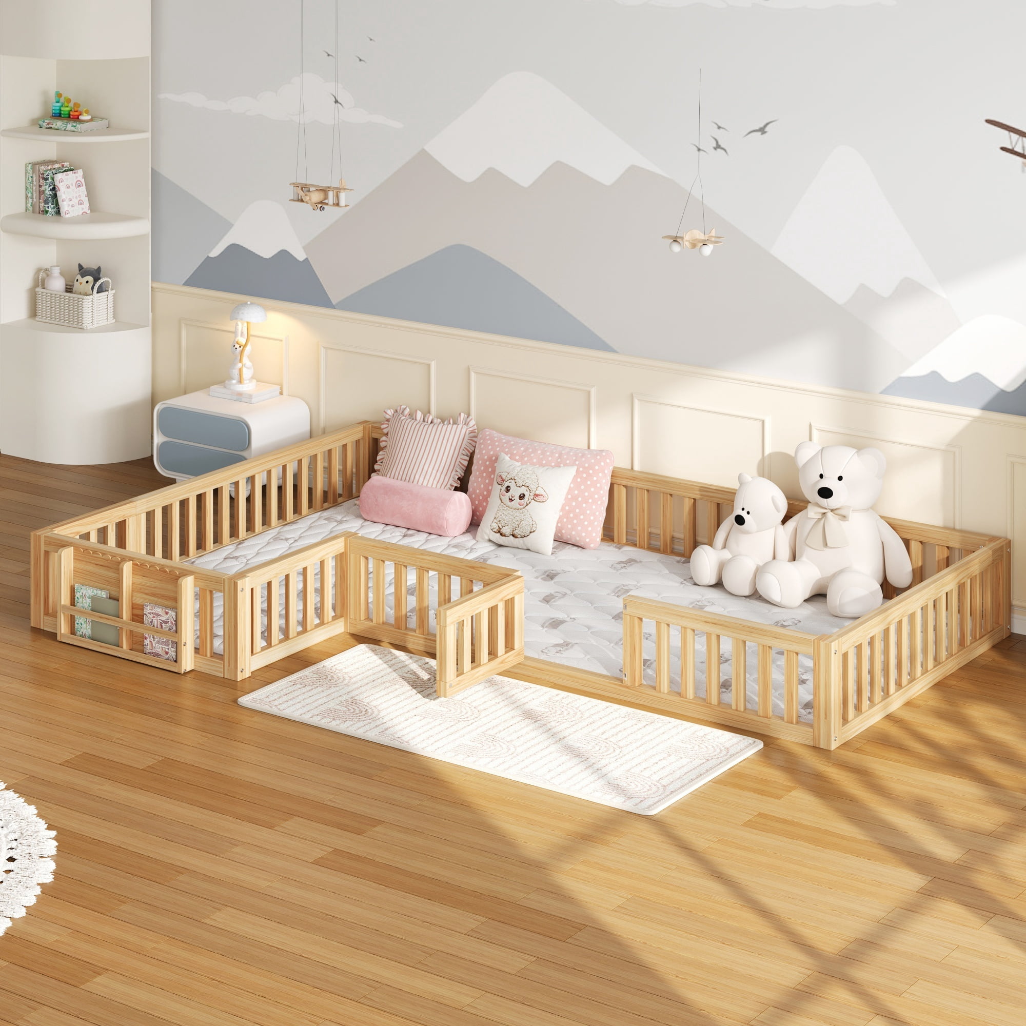 Euroco Twin and Full Size L-Shaped Platform Bed, Floor Bed with Full Guardrails and Storage, Natural