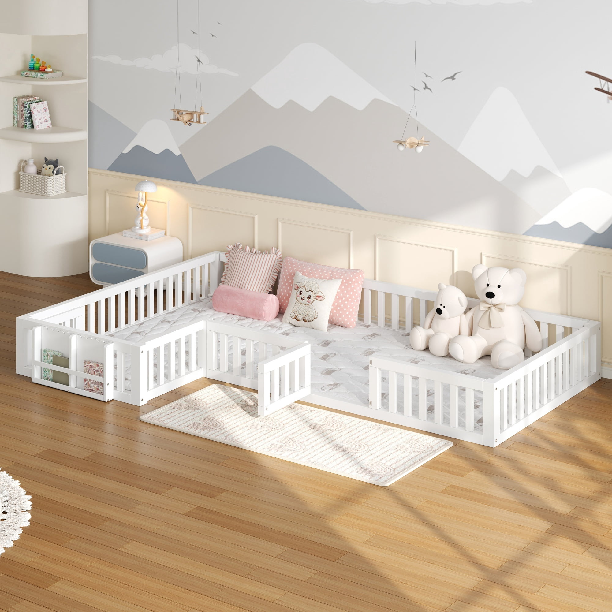 Euroco Twin and Full Size L-Shaped Platform Bed, Floor Bed with Full Guardrails and Storage, White