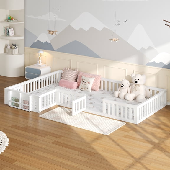 Euroco Twin and Full Size L-Shaped Platform Bed, Floor Bed with Full Guardrails and Storage, White