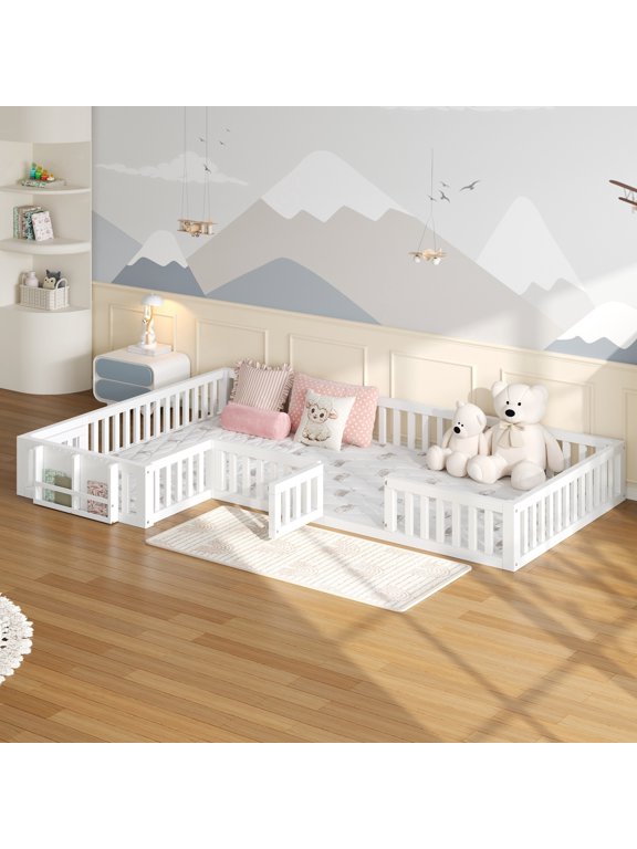 Twin and Full Size L-Shaped Platform Bed, Floor Bed with Full Guardrails and Storage, White