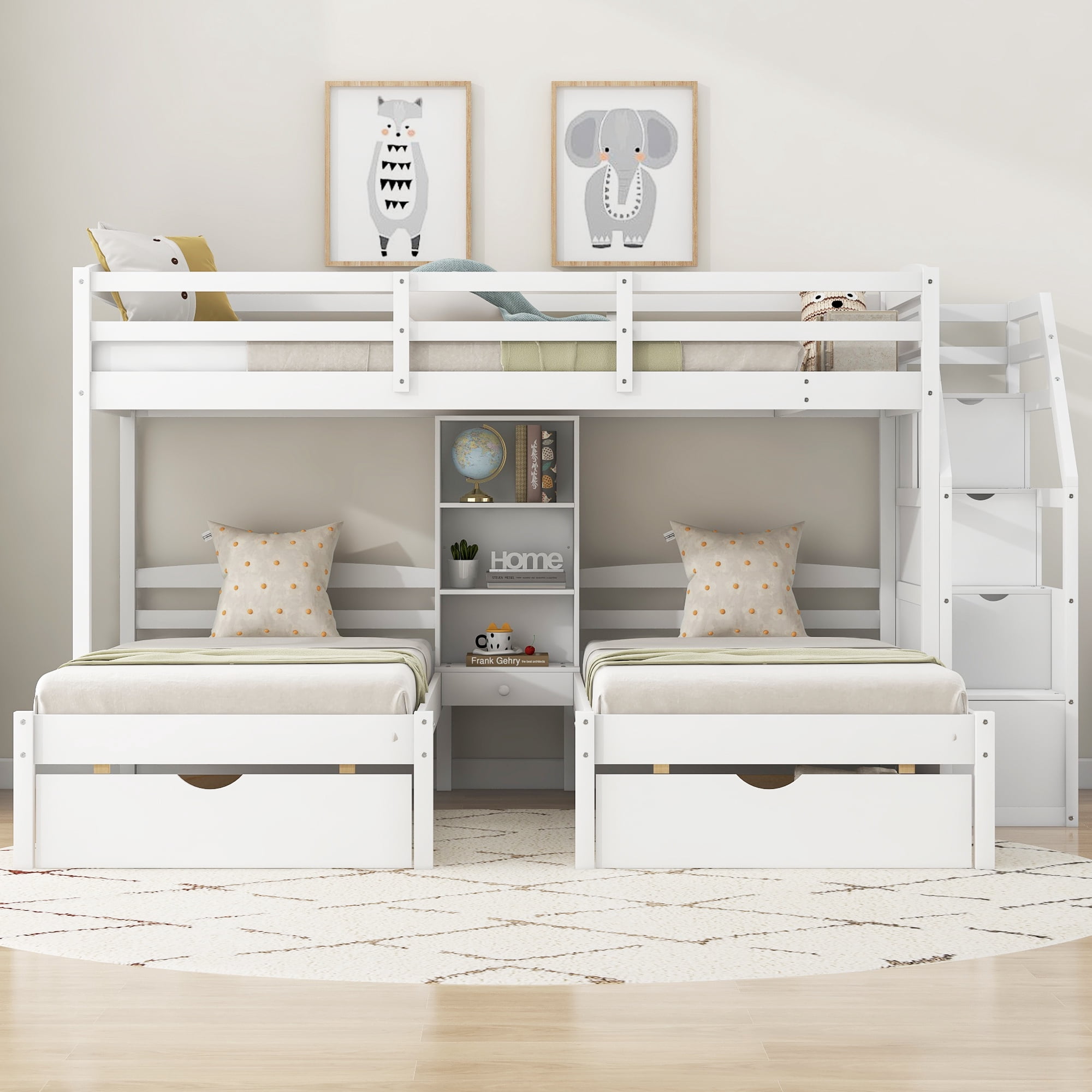 Euroco Twin over 2 Twin Bunk Bed with Staircase, 3 Beds in 1 Bunk with Drawers and Shelves, White