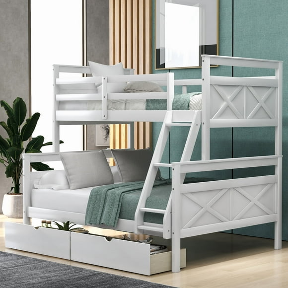 Euroco Twin over Full Bunk Bed with Drawers for Kids Teens Bedroom, Convertible 2 Beds in One, White