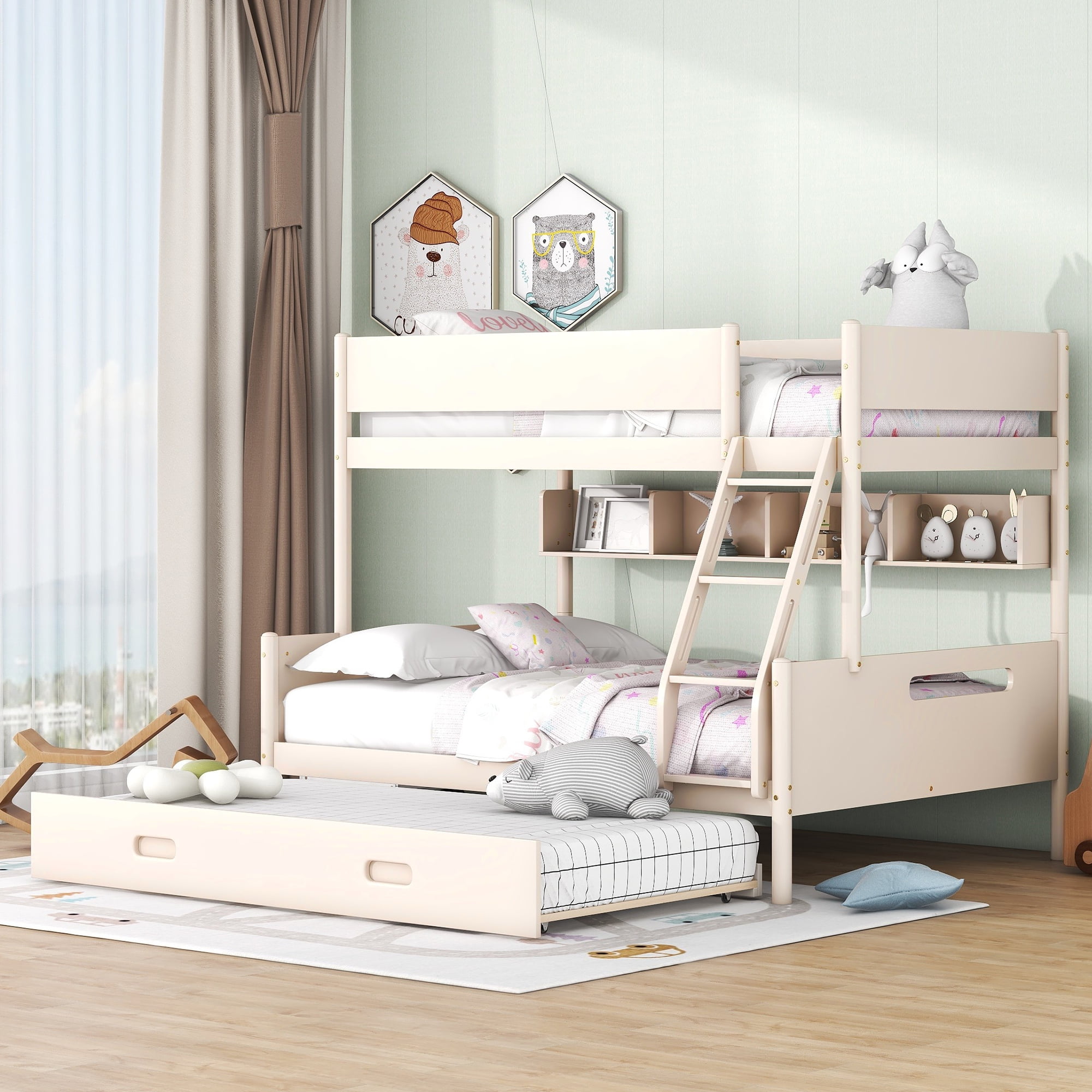 Euroco Twin over Full Bunk Bed with Shelf and Twin Size Trundle for