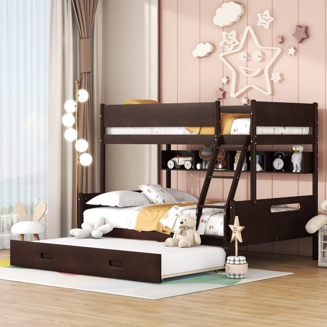 Euroco Twin over Full Bunk Bed with Shelf and Twin Size Trundle for