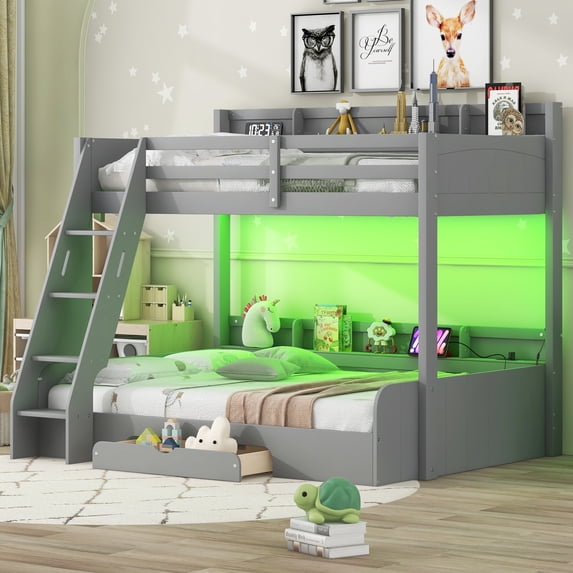 Led Grey Color Euroco Twin over Full Bunk Bed with Shelves and Drawer for Kids Teens ...