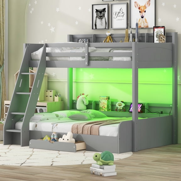 Euroco Twin over Full Bunk Bed with Shelves and Drawer for Kids Teens, LED Light and USB Charging Station, Gray