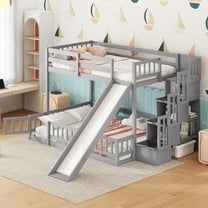 Euroco Twin over Full Bunk Bed with Storage Shelves and Staircase for Kids Room, Gray
