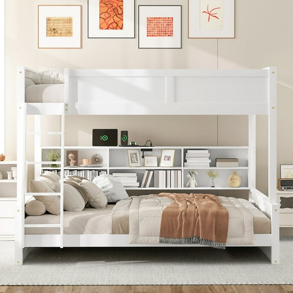 Euroco Full XL over Queen Bunk Bed with Functional Cabinet and USB Charging Station for Kids Teens, White